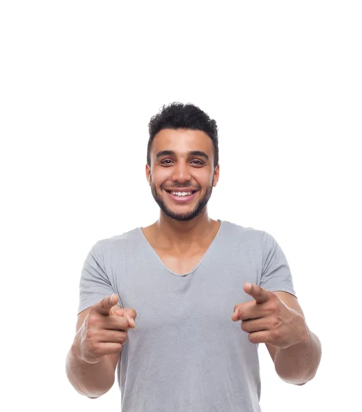 Casual Man Point Finger At You Happy Smile Young Handsome Guy — Stock Photo, Image