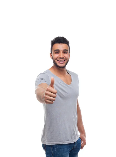 Casual hombre hold pulgar hasta feliz sonrisa joven guapo chico —  Fotos de Stock