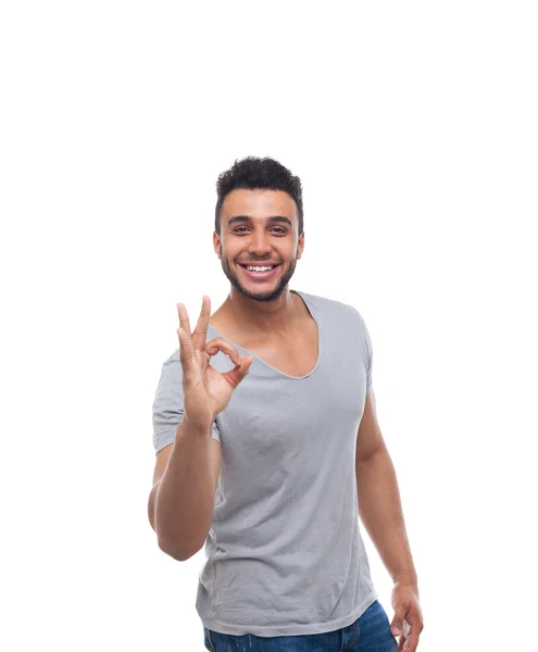 Casual Man Hold Okey Gesture Sign Happy Smile Young Handsome Guy — Stock Photo, Image