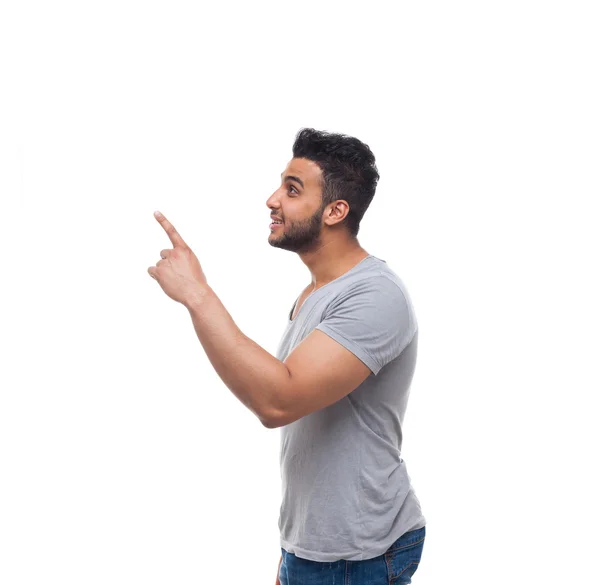Casual Handsome Man Point Finger At Corner To Copy Space — Stock Photo, Image
