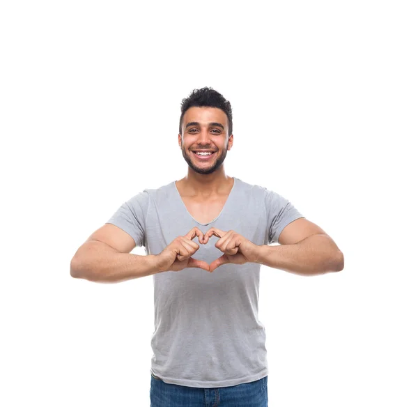 Casual hombre mostrar corazón forma dedo gesto feliz sonrisa — Foto de Stock