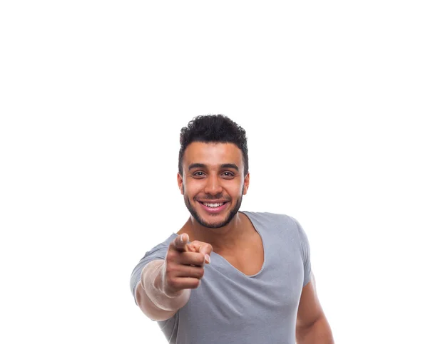 Casual Man Point Finger At You Happy Smile Young Handsome Guy — Stock Photo, Image