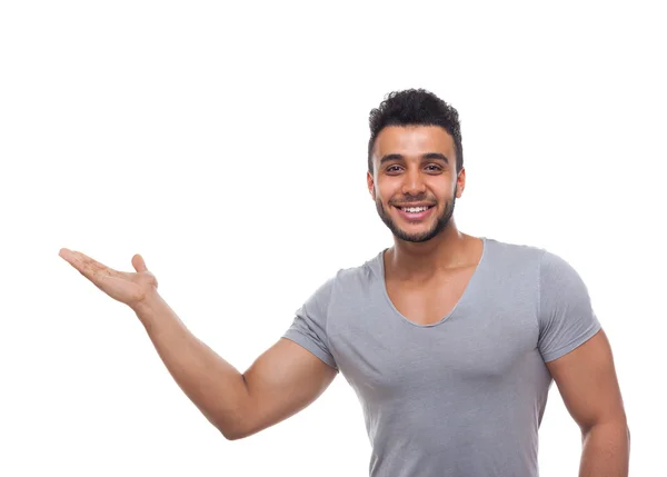 Casual Man Open Palm Gesture To Copy Space — Stock Photo, Image