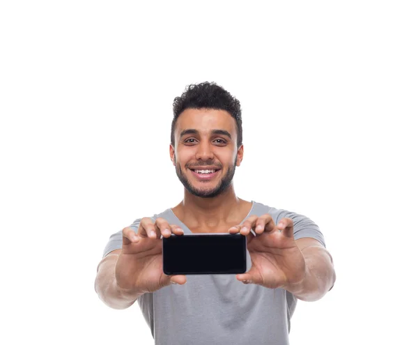 Hombre casual que muestra el teléfono móvil inteligente Tomar foto —  Fotos de Stock