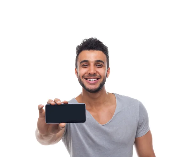 Casual Man Displaying Mobile Cell Smart Phone Take Photo — Stock Photo, Image