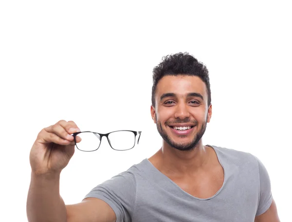 Casual hombre celebrar ojo gafas joven hombre de negocios — Foto de Stock