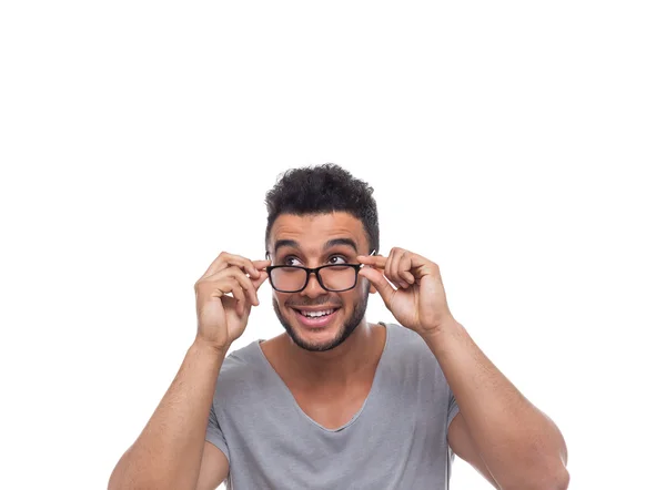 Περιστασιακή άνθρωπος κρατήστε μάτι γυαλιά νεαρός επιχειρηματίας ματιά στην άκρη — Φωτογραφία Αρχείου
