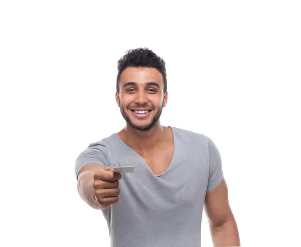 Casual Man Offer Blank Board Happy Smile — Stock Photo, Image