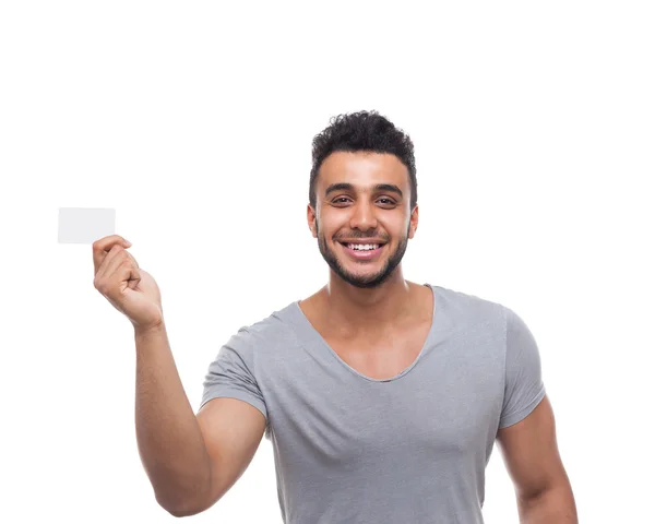 Casual hombre mostrando en blanco tablero feliz sonrisa — Foto de Stock