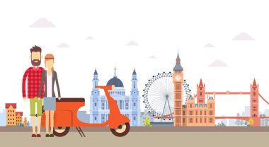 Hipster kaç motosiklet Scooter üzerinde Londra Şehir Manzaralı