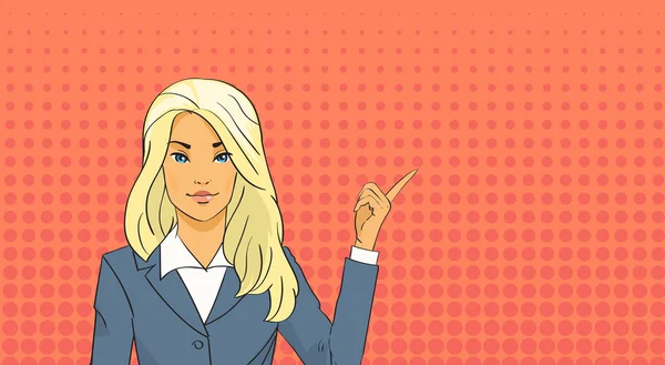 Femme d'affaires blonde pointe du doigt pour copier l'espace Pop Art Style rétro coloré — Image vectorielle
