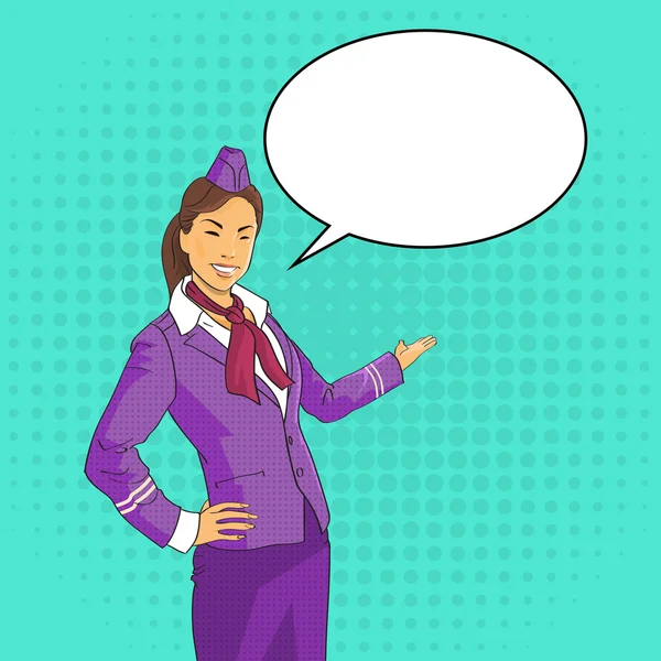 Stewardess nyitott tenyér a buborék Pop Art színes Retro stílusú Chat — Stock Vector