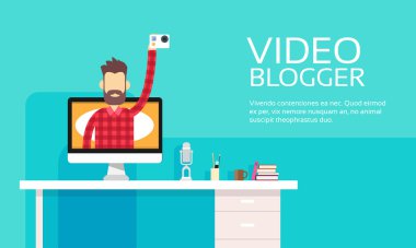 Adam Blogger tutun kamera Video bilgisayar Blogging kavramı