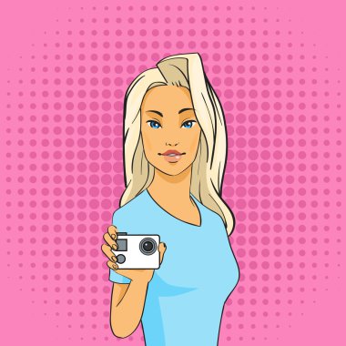 Kadın Blogger tutun kamera Video Blog kavramı oldukça Pop Art renkli Retro tarzı