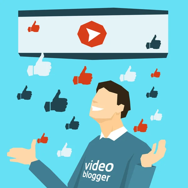Blogueiro de vídeo popular com como polegar para cima — Vetor de Stock