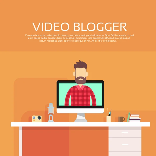 Man Blogger Video Computer Blogging Concept — Stockvector