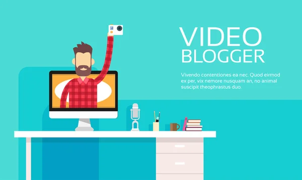 Man Blogger Segure Câmera Vídeo Computador Blogging Conceito —  Vetores de Stock