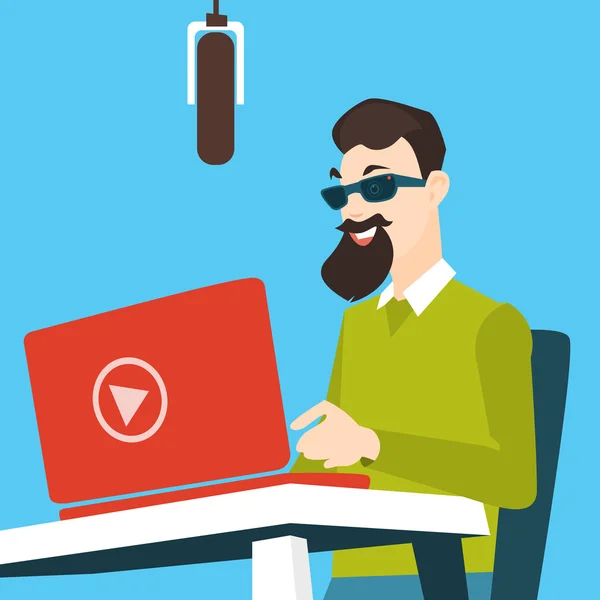 Hombre Blogger Trabajo Ordenador portátil Video Blogging Concepto — Vector de stock