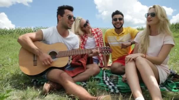 Jóvenes escuchando chico tocando la guitarra grupo amigos verano día sentado hierba verde — Vídeo de stock