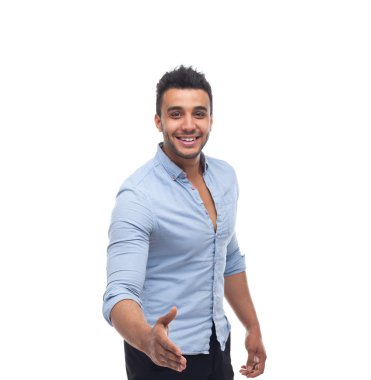 Yakışıklı iş adamı mutlu gülümseme, işadamı el hoş geldin jesttutun