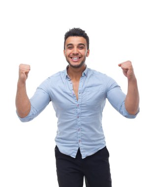 Yakışıklı iş adamı heyecanlı mutlu gülümseme kadar yumruk el ele tutuştu