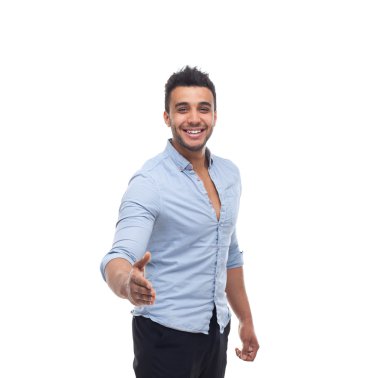 Yakışıklı iş adamı mutlu gülümseme, işadamı el hoş geldin jesttutun