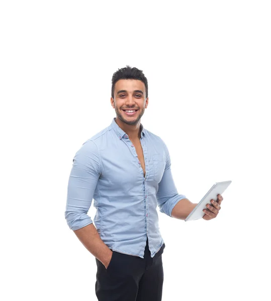 Przystojny biznes człowiek szczęśliwy uśmiech, biznesmen trzymać tablet pad komputer — Zdjęcie stockowe