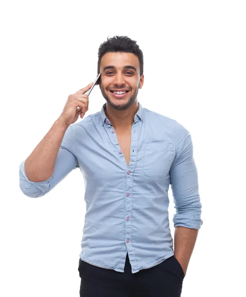 Pohledný Business Man mobil chytrý telefon mluvit šťastný úsměv — Stock fotografie