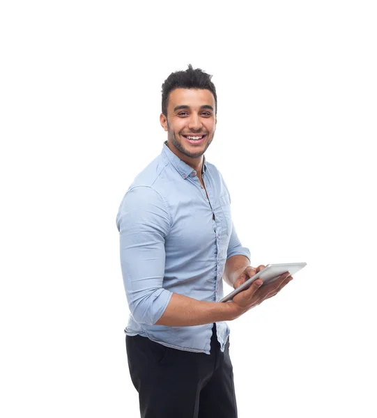 Hombre de negocios guapo sonrisa feliz, hombre de negocios mantenga tableta pad ordenador — Foto de Stock