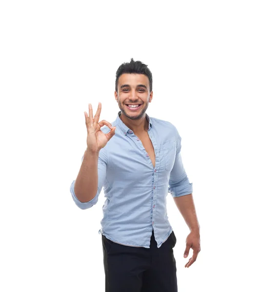 Przystojny człowiek biznesu szczęśliwy uśmiech, biznesmen trzymać rękę z OK znak gest — Zdjęcie stockowe