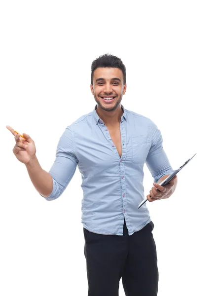 Hombre de negocios guapo sonrisa feliz, empresario sosteniendo carpeta lápiz documento, señalar el dedo para copiar espacio —  Fotos de Stock