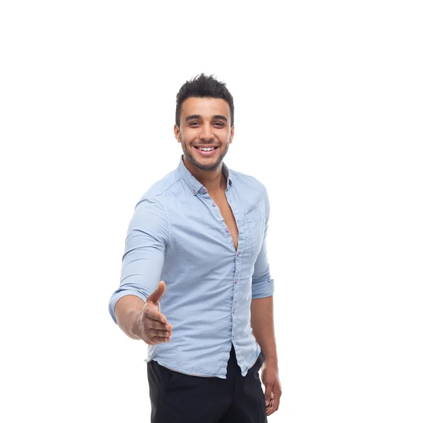 Hombre de negocios guapo sonrisa feliz, hombre de negocios de la mano gesto de bienvenida —  Fotos de Stock