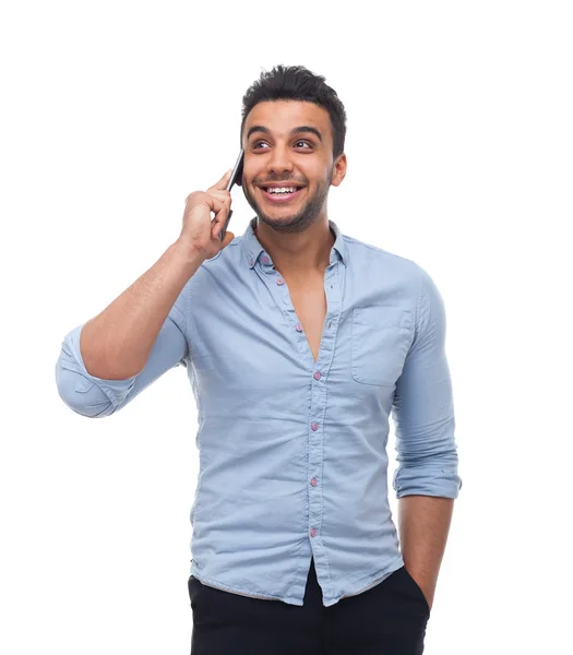 Bello uomo d'affari cellulare smart phone call guardare verso l'alto per copiare spazio sorriso felice — Foto Stock