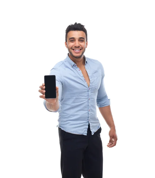 Hombre de negocios guapo mostrando celular móvil teléfono inteligente sonrisa feliz —  Fotos de Stock