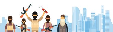 Terörist grup üzerinde şehir görünümü afiş