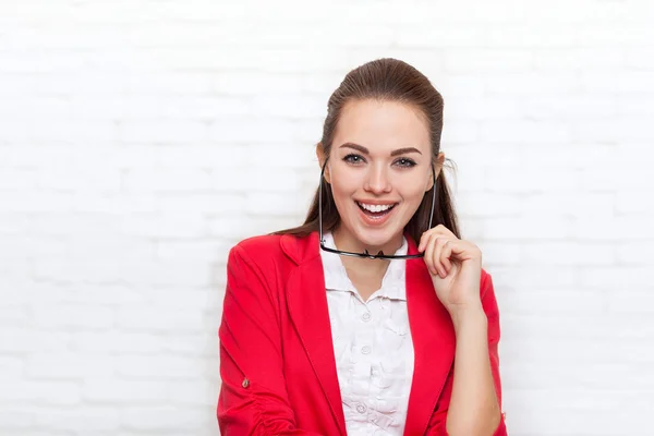 Businesswoman laughing happy smile wear red jacket — Stock Photo, Image