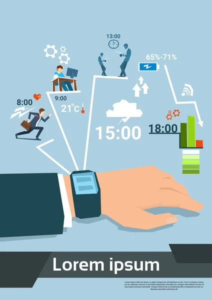 Mano de hombre de negocios con reloj inteligente conjunto de rutina diaria — Archivo Imágenes Vectoriales