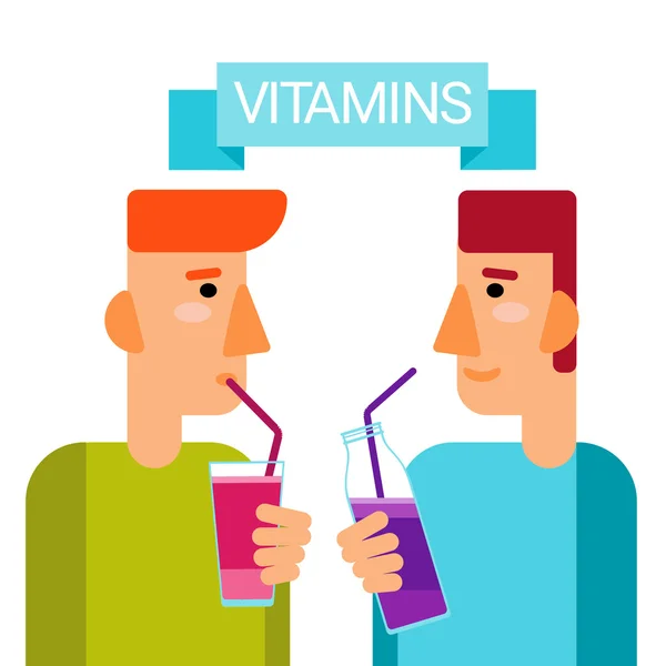 Mann trinken Vitamine Cocktailflasche essentielle chemische Elemente Nährstoffe Mineralien — Stockvektor
