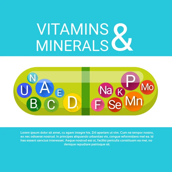 Kapszula-vitamin tápanyag ásványi anyagok színes Banner egészséges élet táplálkozás kémiai elem koncepció — Stock Vector