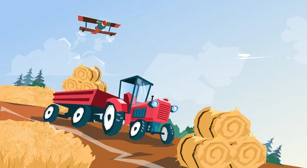 Tractor paja paca trigo cosecha campo — Vector de stock