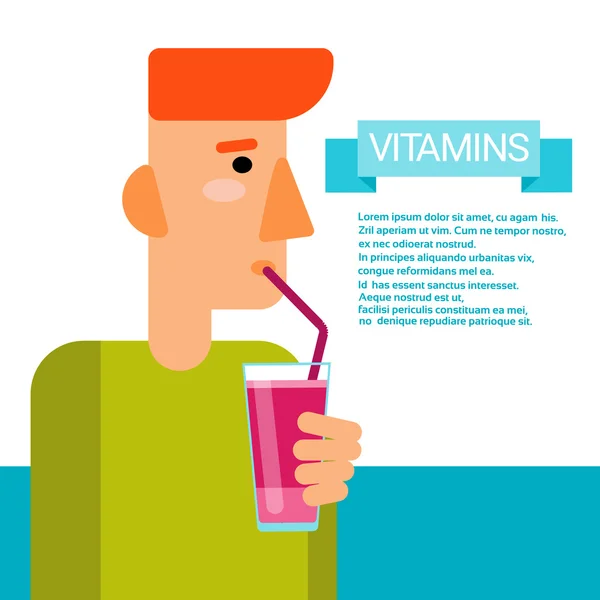 Homme Boire Vitamines Bouteille de cocktail Éléments chimiques essentiels Minéraux nutritifs — Image vectorielle