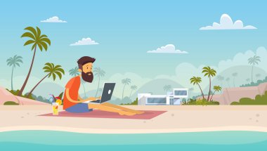 Man Freelance Remote Working Place Using Laptop Beach Summer Vacation Tropical Island