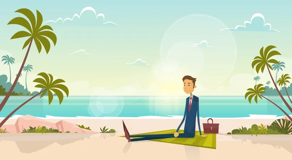 Business Man On Summer Vacation Sea Shore Sit Sand Beach Blue Sky Sun — Stock Vector