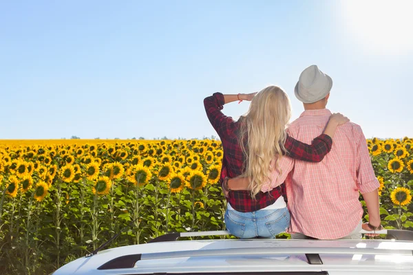 Couple embrace sitting car roof sunflowers field sunrise — Stock Photo, Image