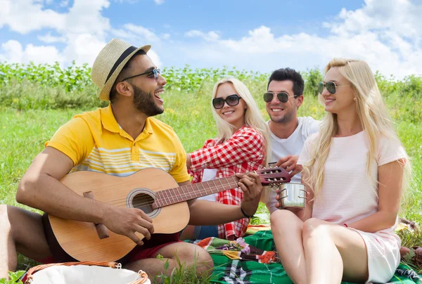 Молодые люди слушают парня, играющего на гитаре друзей летний день — стоковое фото