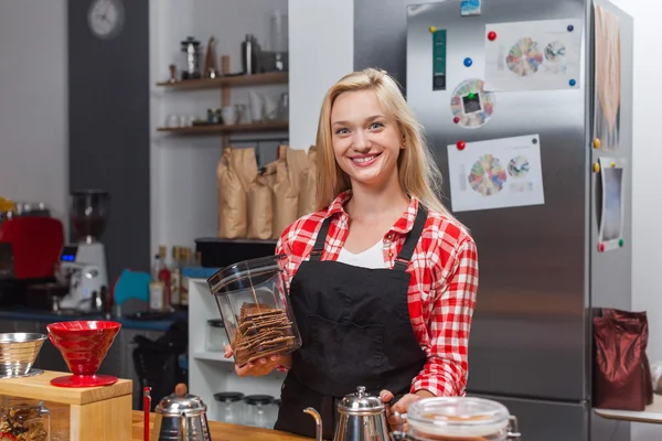 Barista coffee shop owner woman happy smile at bar