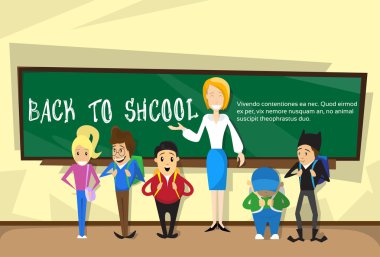 Öğretmen okul eğitim afiş için sınıfta öğrenciler ile