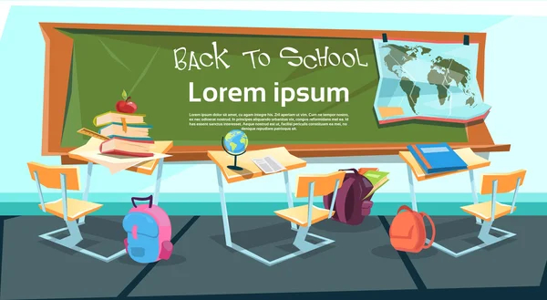 Leeg klaslokaal Bureau met boeken tas terug naar School onderwijs Banner — Stockvector