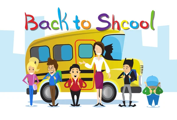 Lehrer mit Schülern über gelben Schulbus zurück zur Schule — Stockvektor