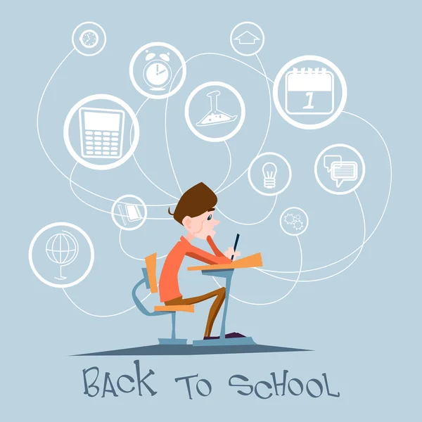 Schoolboy Sit School Desk Abstract Education Background Concept — Stock Vector